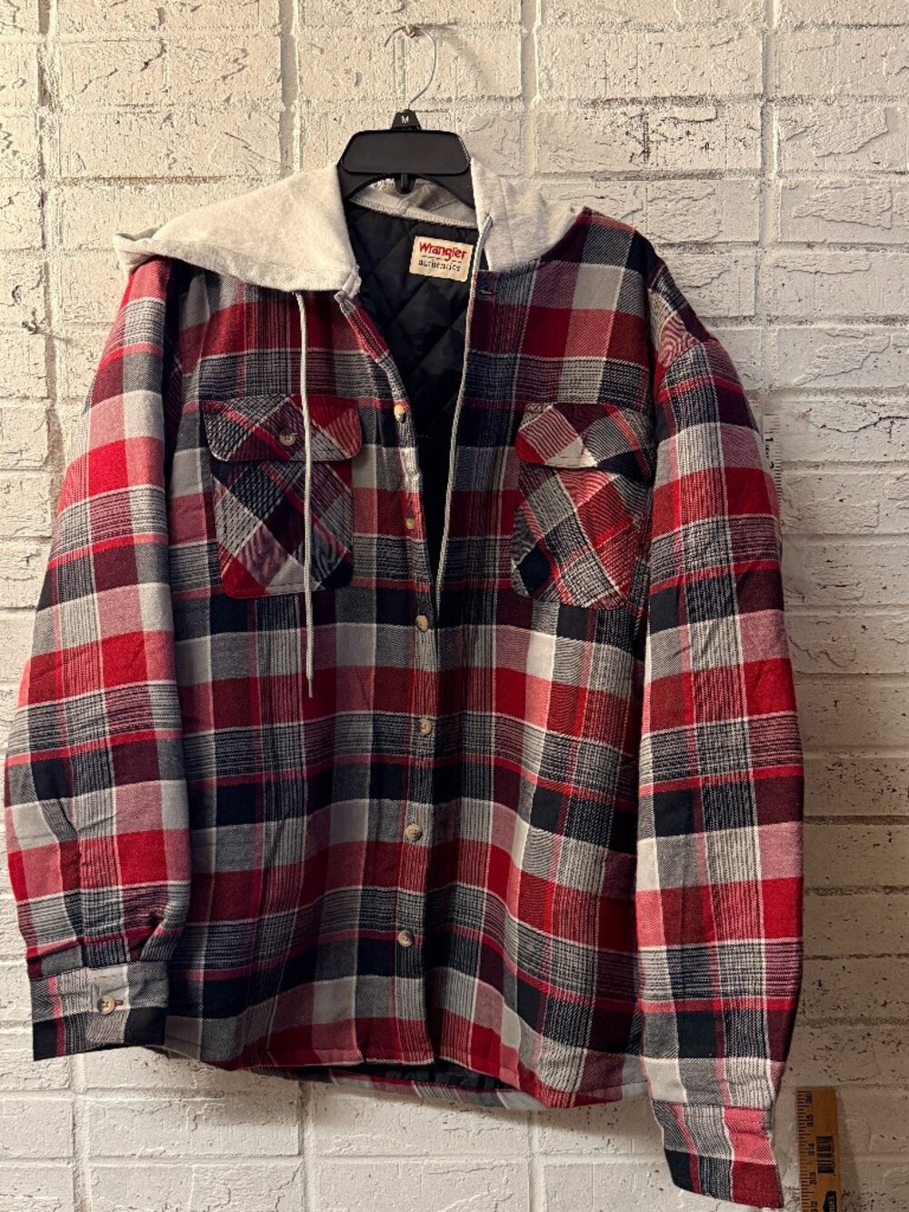 Wrangler Authentics Plaid Flannel Hooded Shirt Jacket Shacket Quilted Large